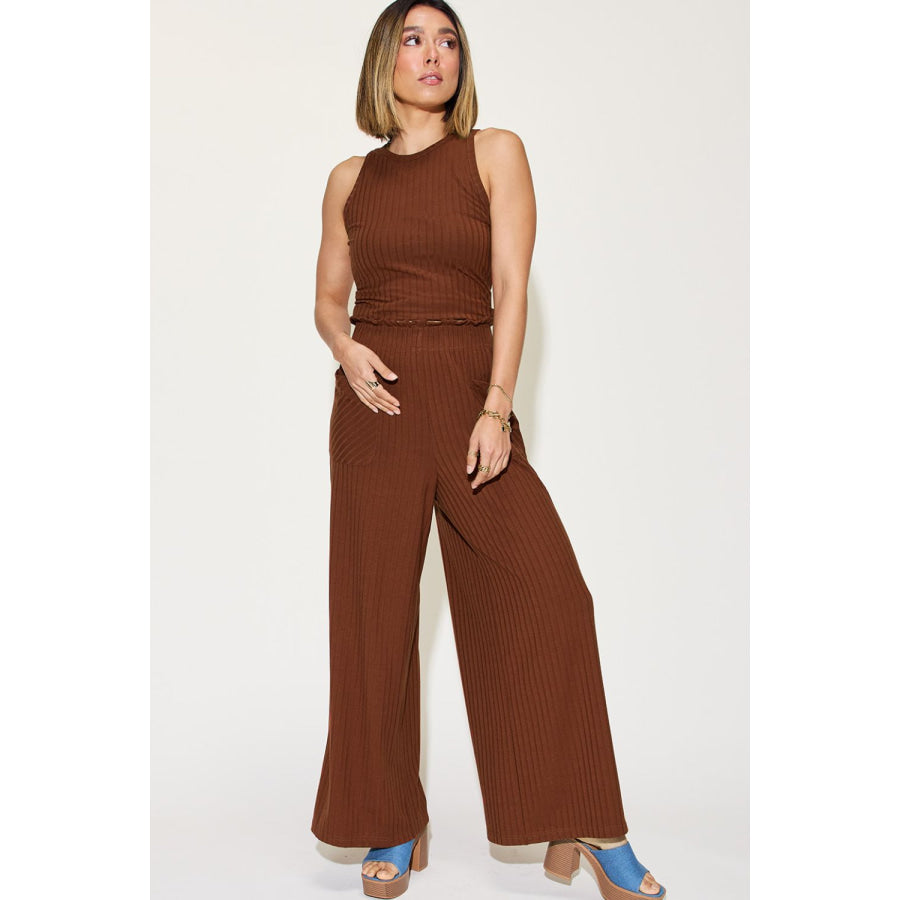 Basic Bae Full Size Ribbed Tank and Wide Leg Pants Set Burnt Umber / S Apparel Accessories