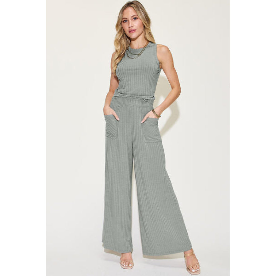 Basic Bae Full Size Ribbed Tank and Wide Leg Pants Set Heather Gray / S Apparel Accessories