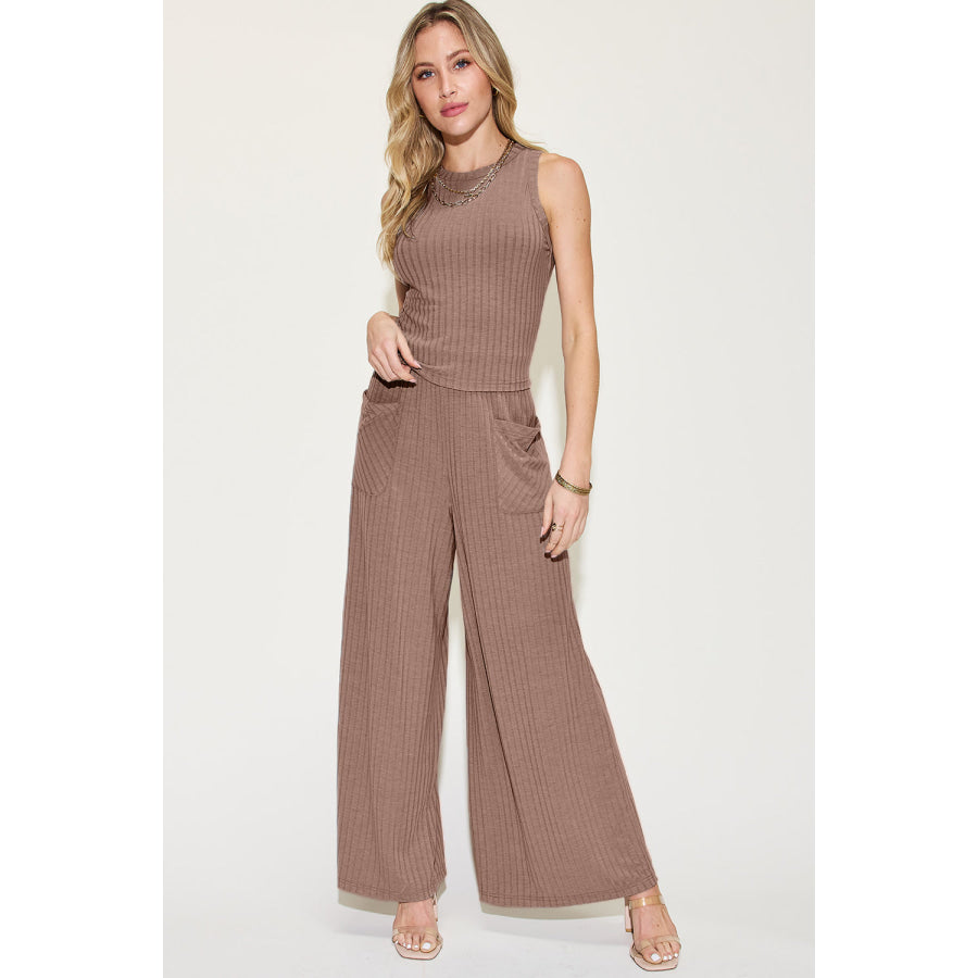 Basic Bae Full Size Ribbed Tank and Wide Leg Pants Set Mocha / 3XL Apparel and Accessories