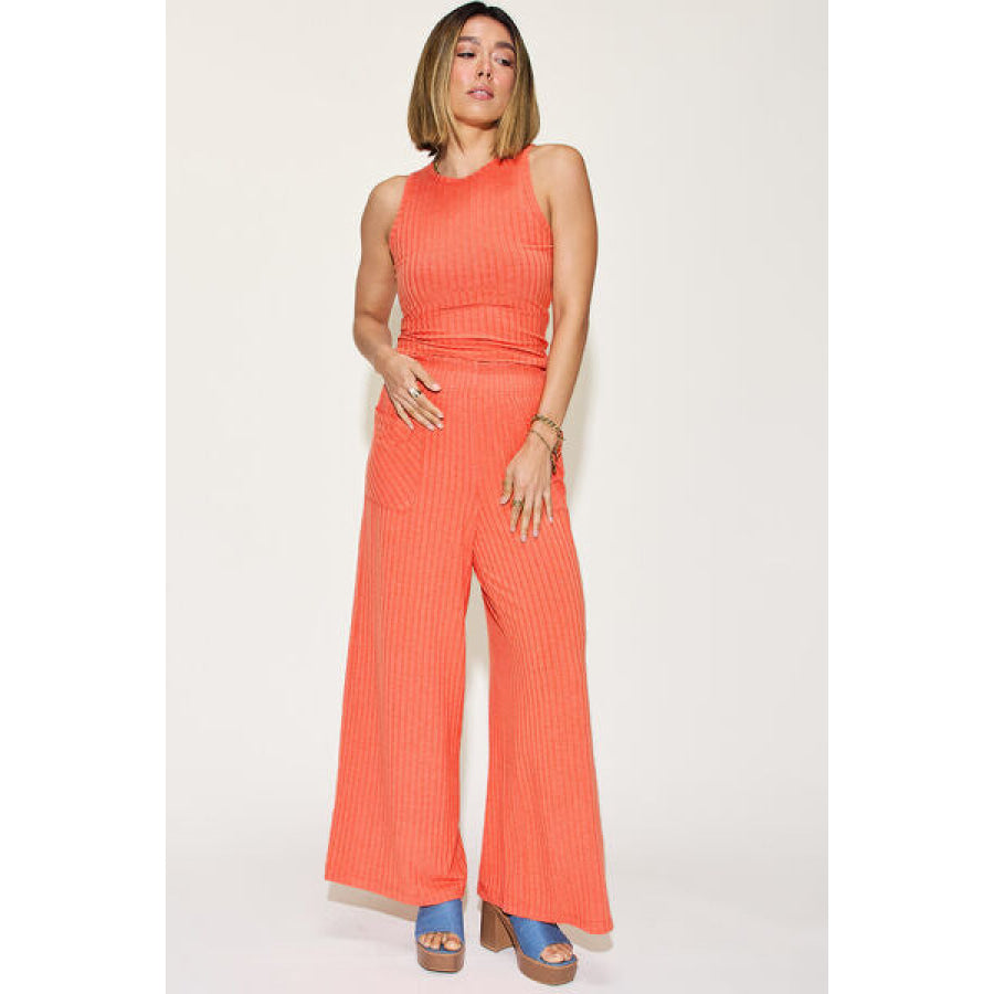 Basic Bae Full Size Ribbed Tank and Wide Leg Pants Set Orange / S Apparel Accessories