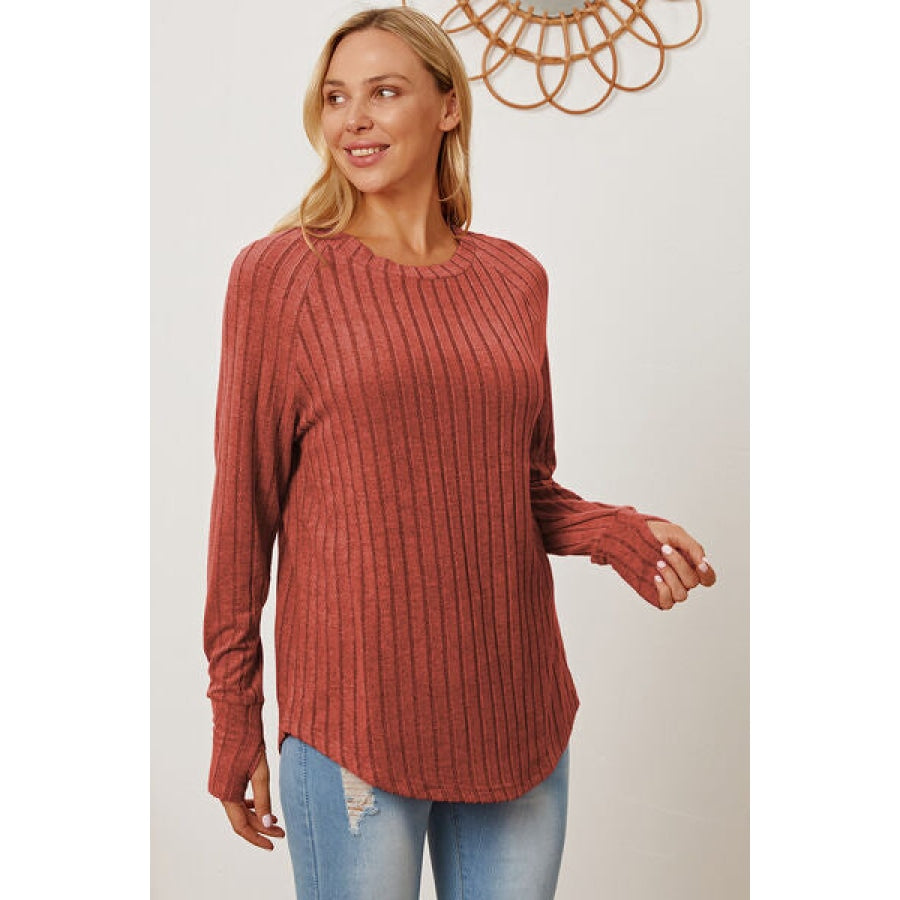 Basic Bae Full Size Ribbed Thumbhole Sleeve T-Shirt Brick Red / S Clothing