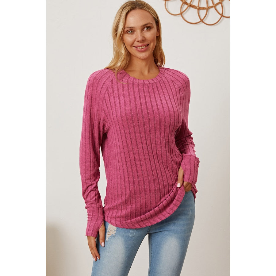 Basic Bae Full Size Ribbed Thumbhole Sleeve T-Shirt Hot Pink / 2XL Clothing