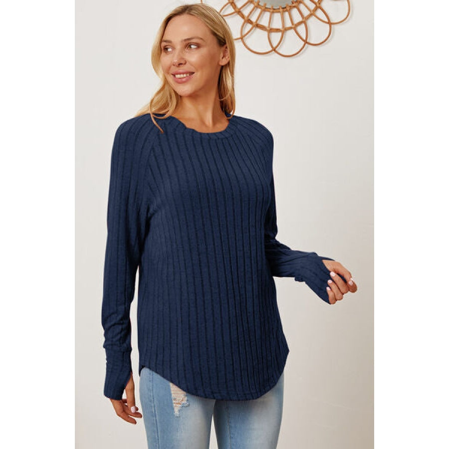 Basic Bae Full Size Ribbed Thumbhole Sleeve T-Shirt Peacock Blue / S Clothing