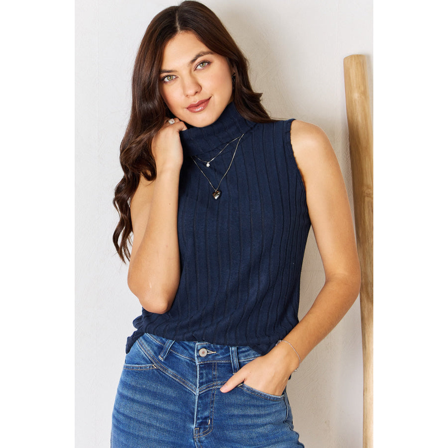 Basic Bae Full Size Ribbed Turtleneck Tank Dark Blue / S Apparel and Accessories