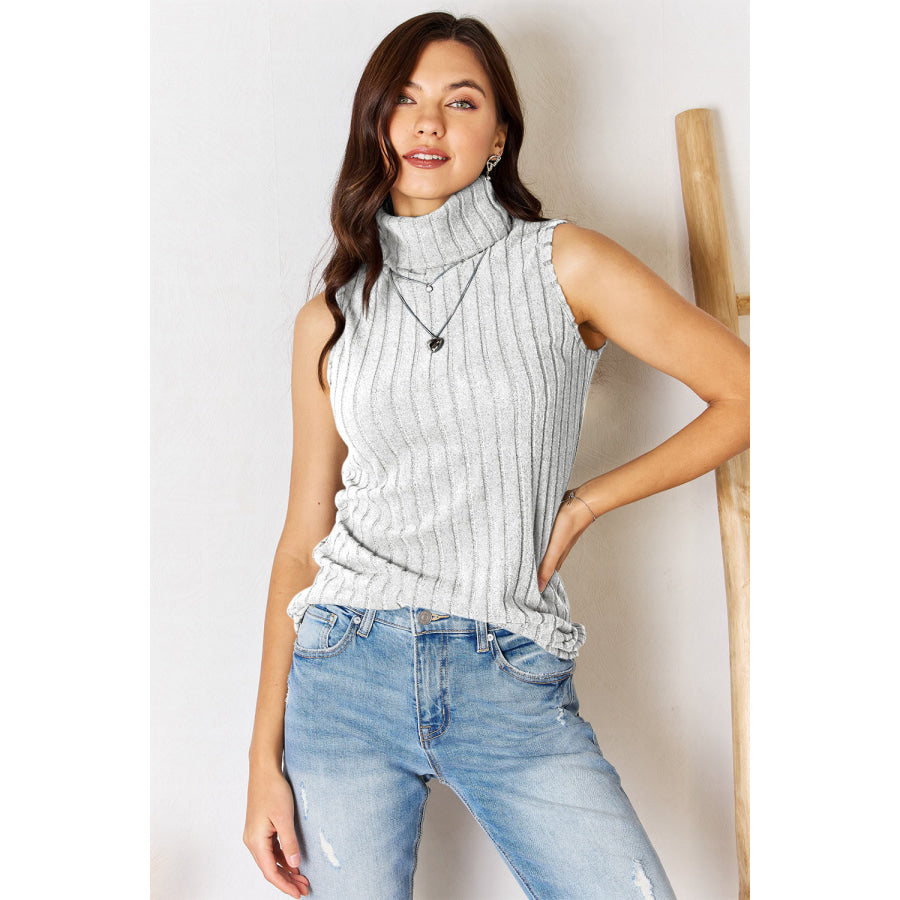 Basic Bae Full Size Ribbed Turtleneck Tank Light Gray / S Apparel and Accessories