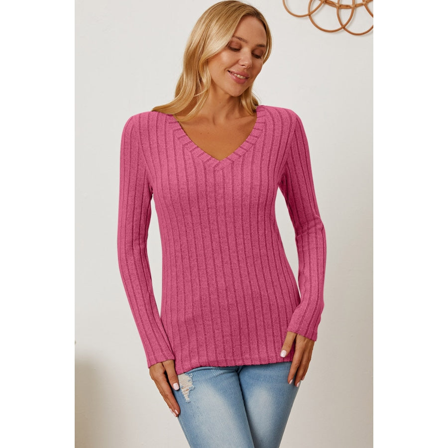 Basic Bae Full Size Ribbed V-Neck Long Sleeve T-Shirt Hot Pink / S Clothing