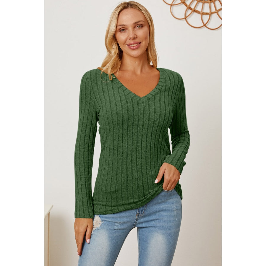 Basic Bae Full Size Ribbed V-Neck Long Sleeve T-Shirt Mid Green / S Clothing