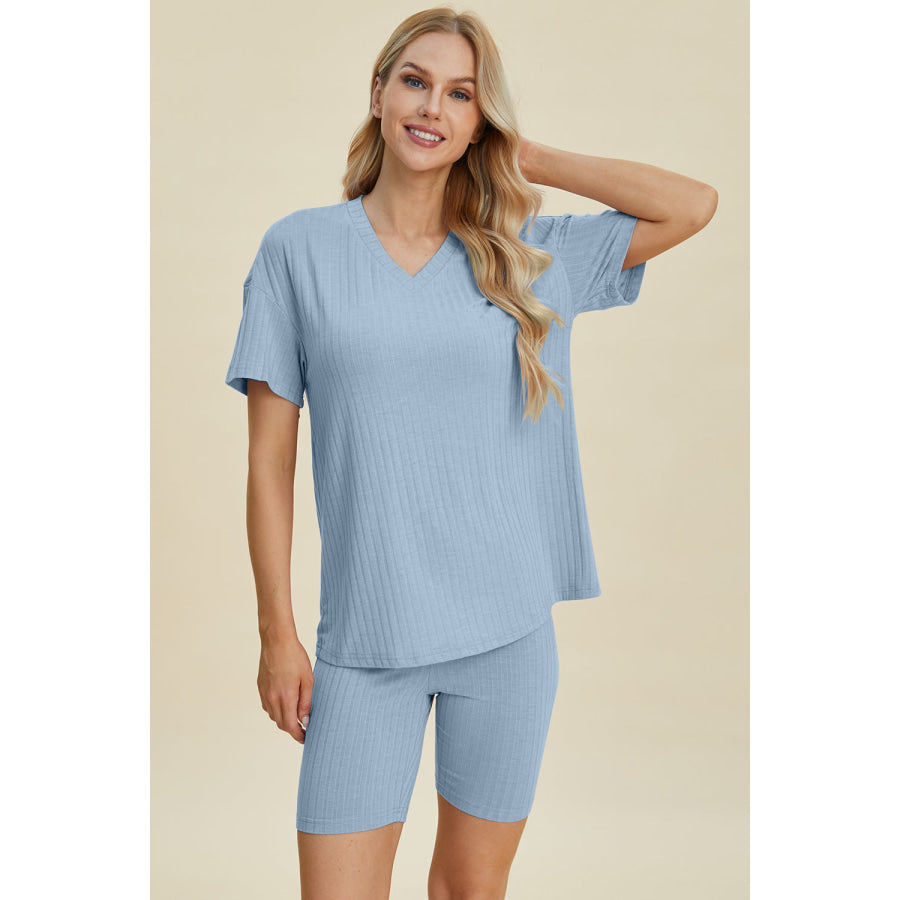 Basic Bae Full Size Ribbed V-Neck Short Sleeve Top and Shorts Set Apparel and Accessories