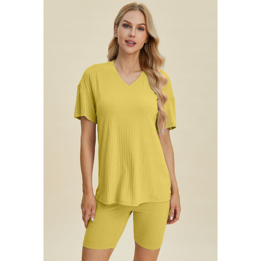 Basic Bae Full Size Ribbed V-Neck Short Sleeve Top and Shorts Set Apparel and Accessories