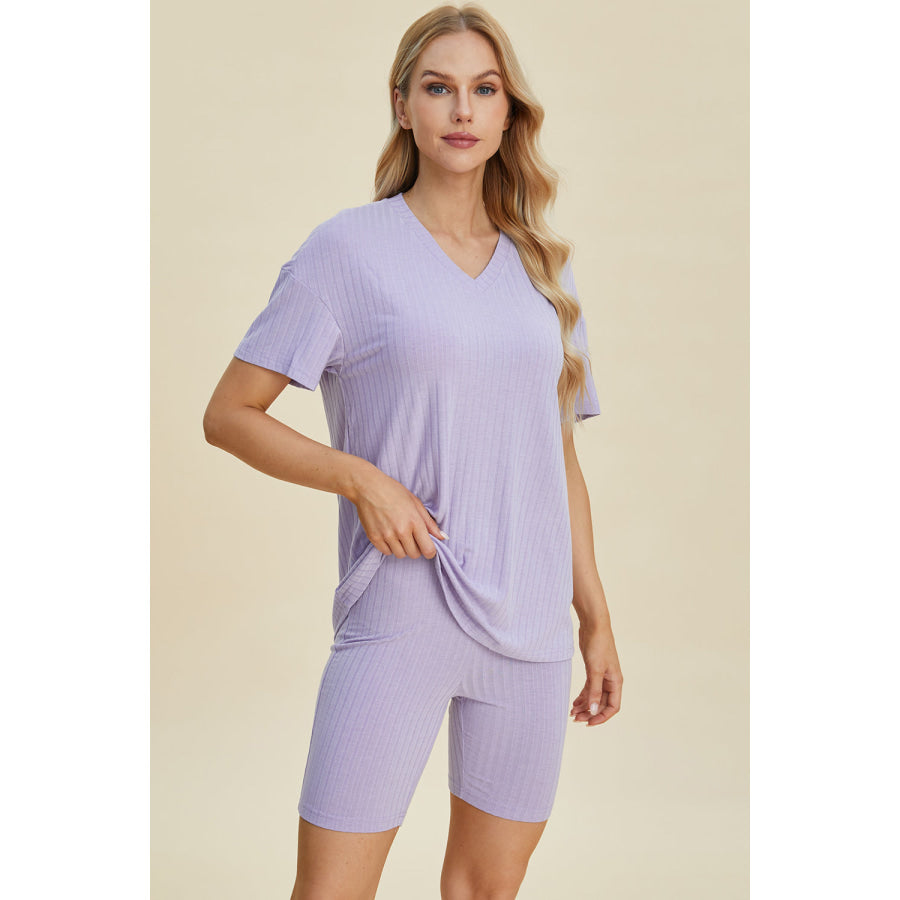 Basic Bae Full Size Ribbed V-Neck Short Sleeve Top and Shorts Set Apparel and Accessories