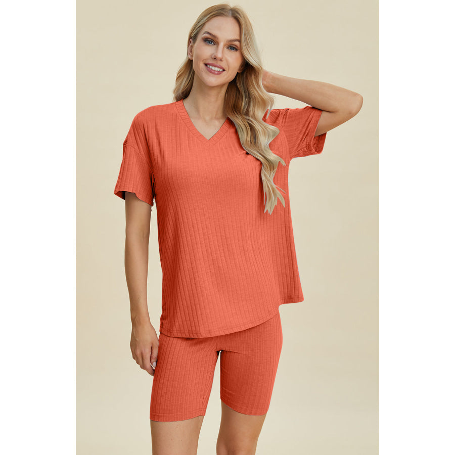 Basic Bae Full Size Ribbed V-Neck Short Sleeve Top and Shorts Set Apparel and Accessories