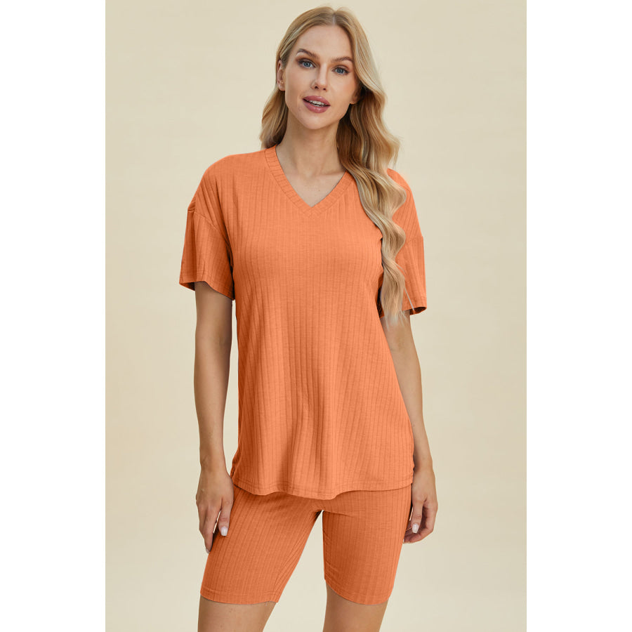 Basic Bae Full Size Ribbed V-Neck Short Sleeve Top and Shorts Set Apparel and Accessories