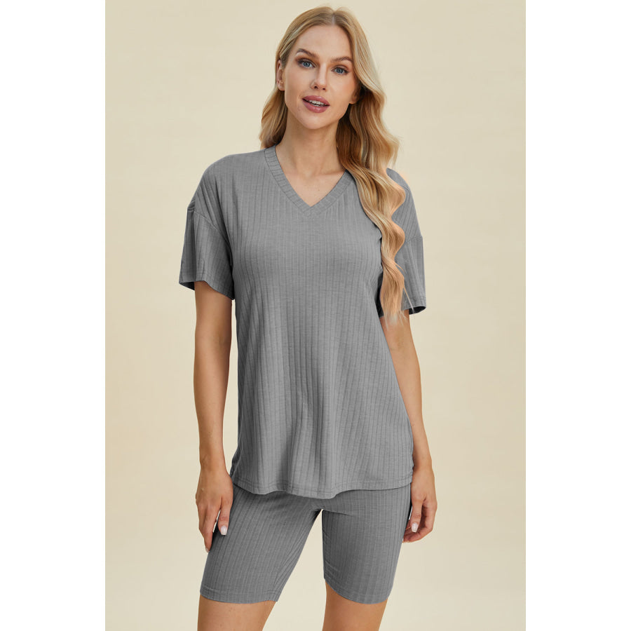 Basic Bae Full Size Ribbed V-Neck Short Sleeve Top and Shorts Set Apparel and Accessories