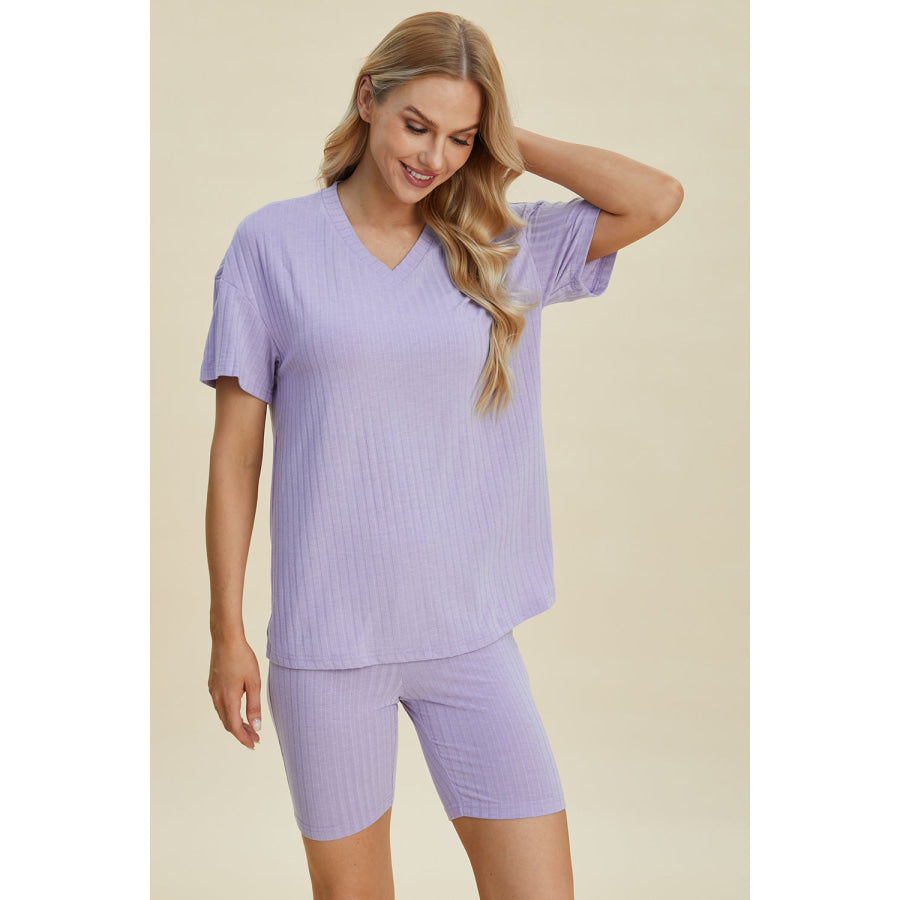 Basic Bae Full Size Ribbed V-Neck Short Sleeve Top and Shorts Set Apparel and Accessories