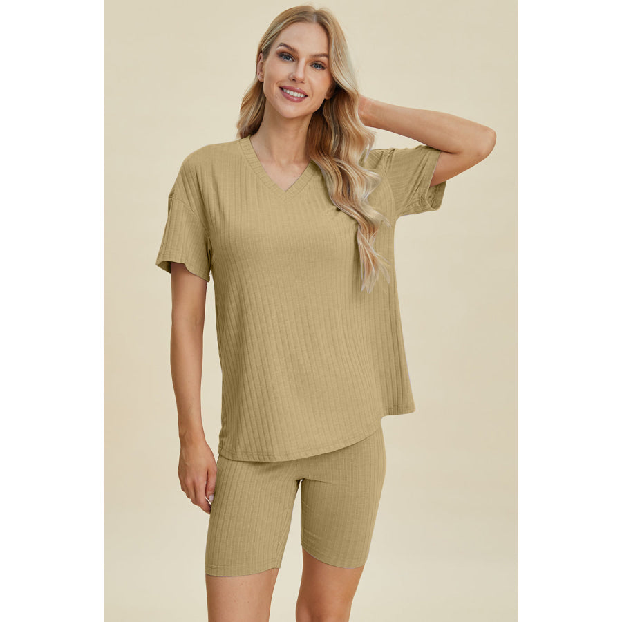 Basic Bae Full Size Ribbed V-Neck Short Sleeve Top and Shorts Set Apparel and Accessories