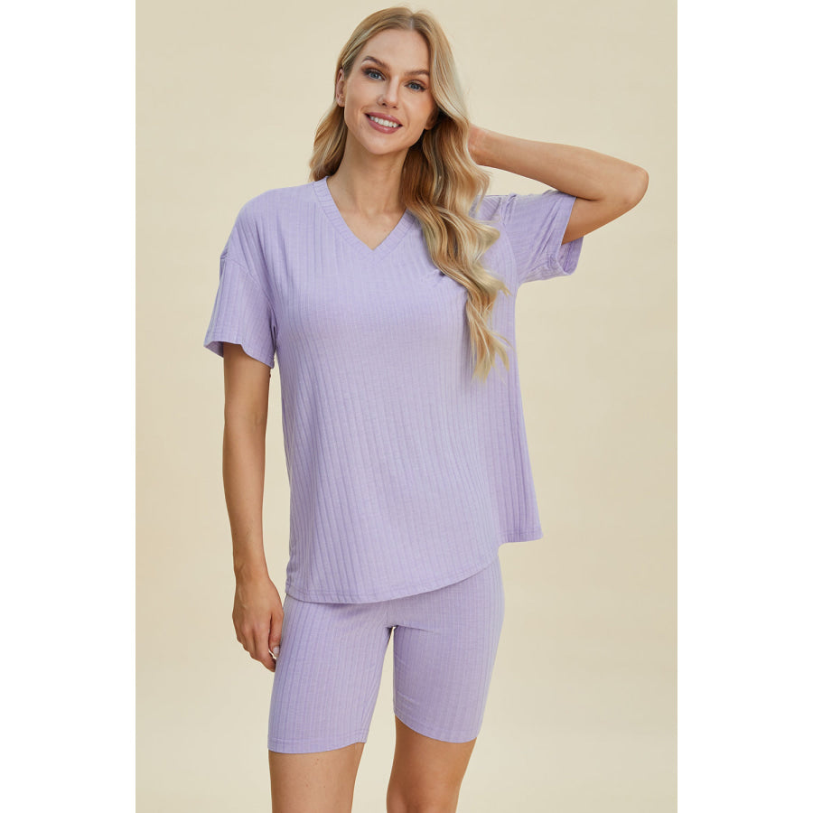 Basic Bae Full Size Ribbed V-Neck Short Sleeve Top and Shorts Set Apparel and Accessories