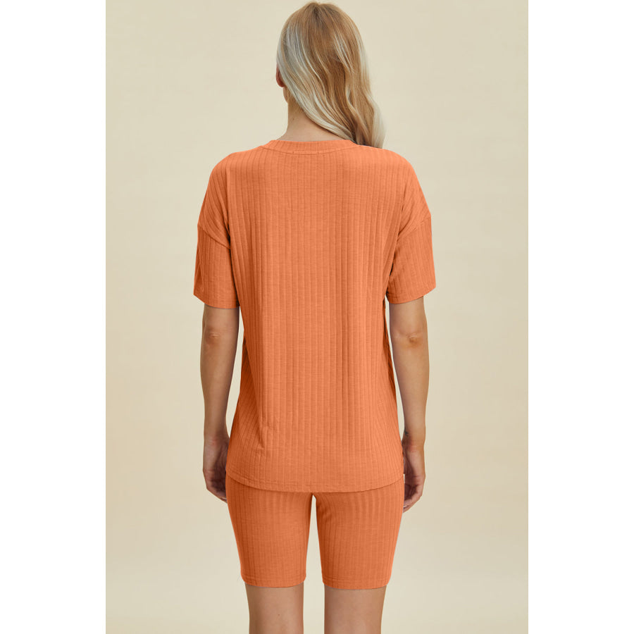 Basic Bae Full Size Ribbed V-Neck Short Sleeve Top and Shorts Set Apparel and Accessories