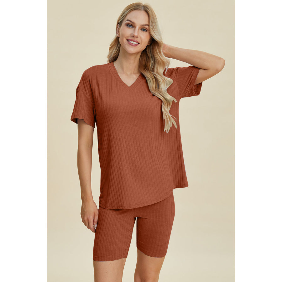 Basic Bae Full Size Ribbed V-Neck Short Sleeve Top and Shorts Set Apparel and Accessories