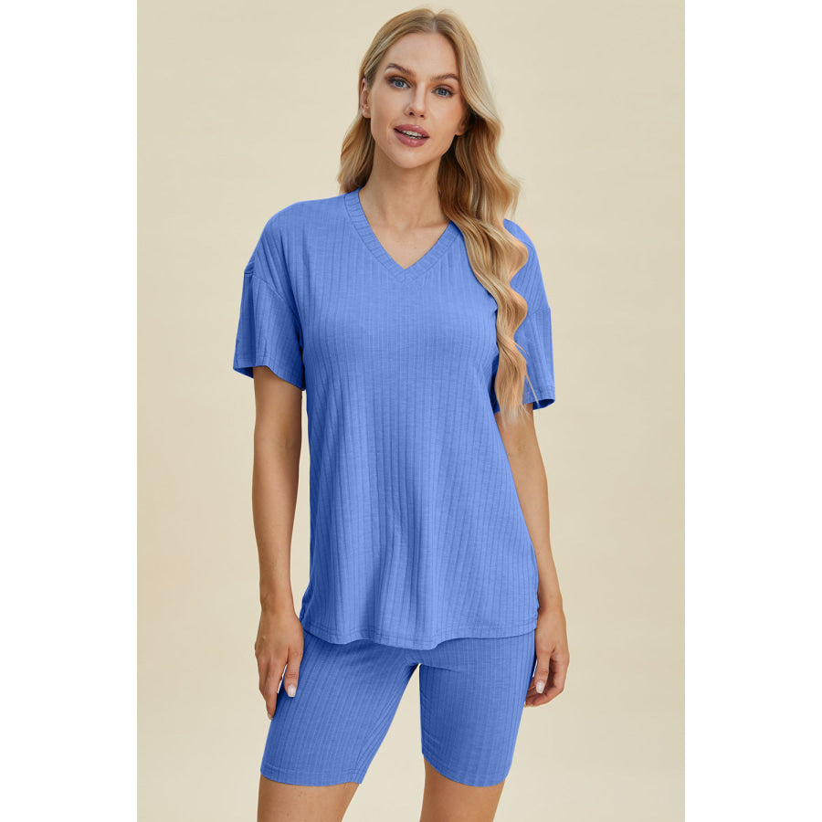 Basic Bae Full Size Ribbed V-Neck Short Sleeve Top and Shorts Set Blue / S Apparel and Accessories