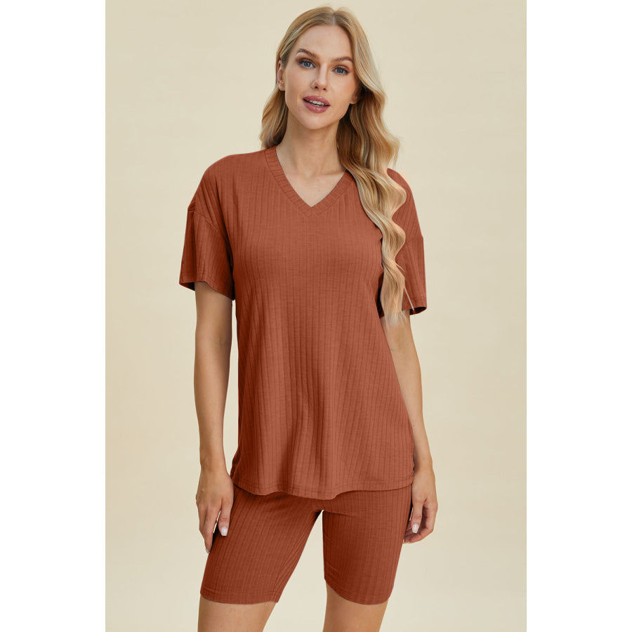 Basic Bae Full Size Ribbed V-Neck Short Sleeve Top and Shorts Set Caramel / S Apparel and Accessories