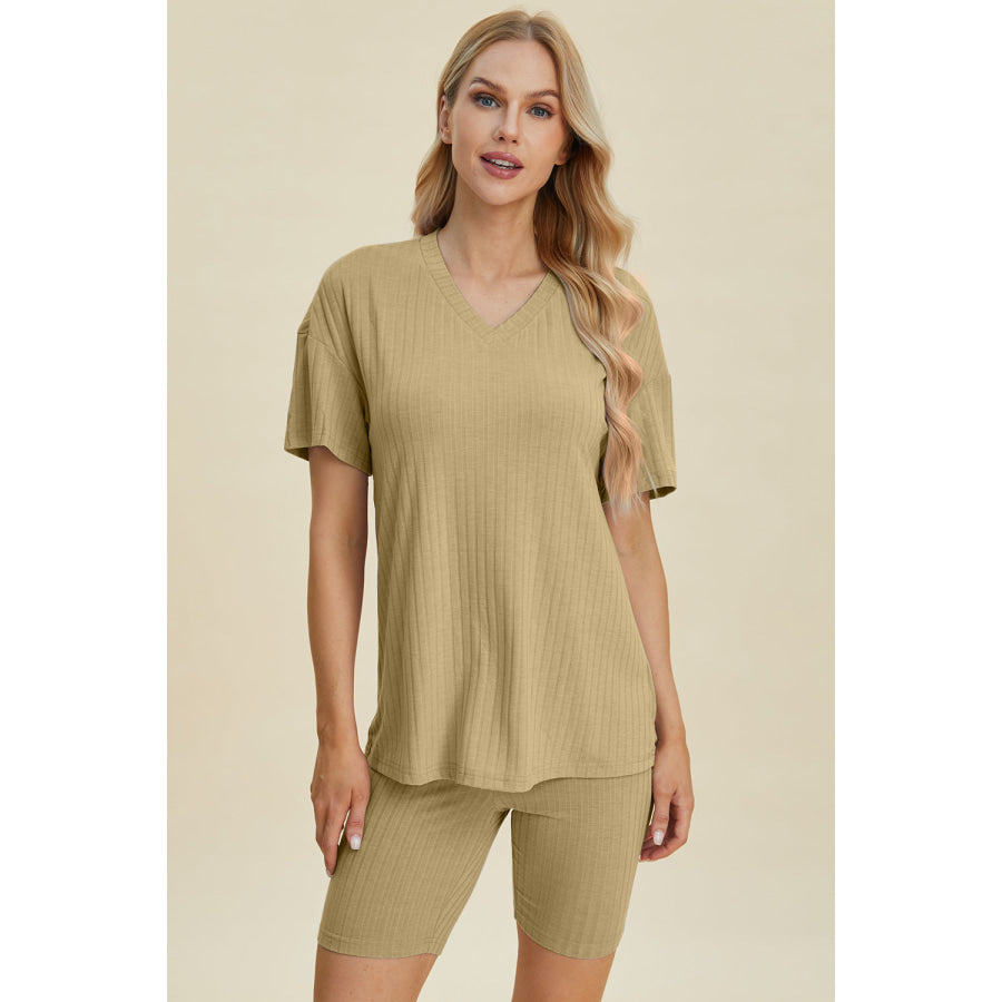 Basic Bae Full Size Ribbed V-Neck Short Sleeve Top and Shorts Set Chartreuse / S Apparel and Accessories