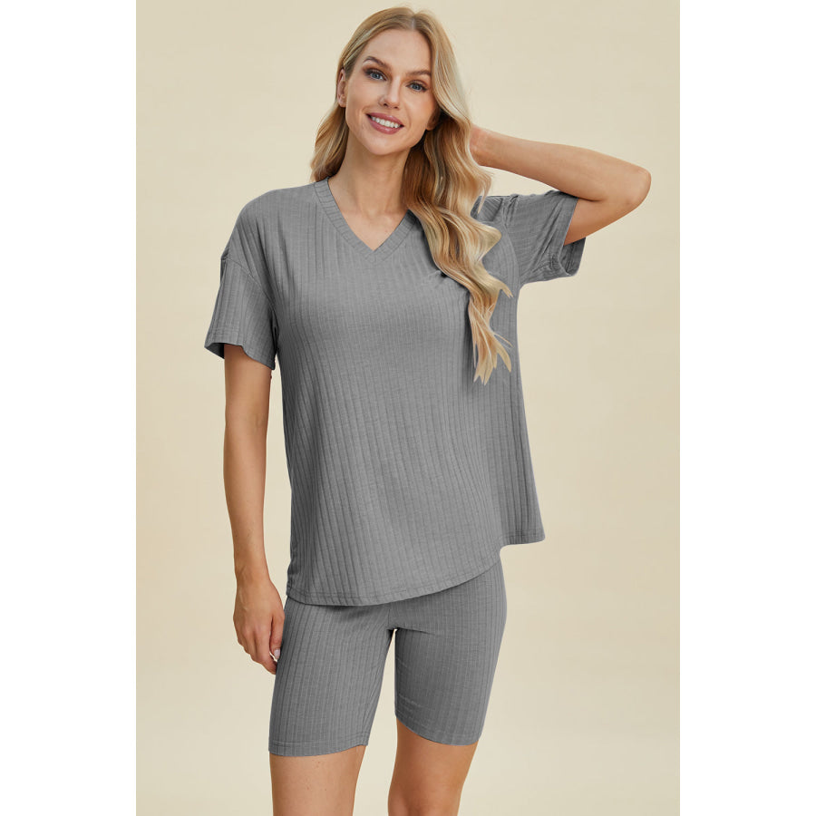 Basic Bae Full Size Ribbed V-Neck Short Sleeve Top and Shorts Set Gray / S Apparel and Accessories