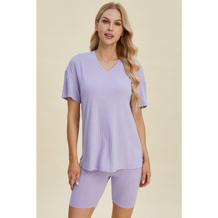 Basic Bae Full Size Ribbed V-Neck Short Sleeve Top and Shorts Set Lavender / S Apparel and Accessories