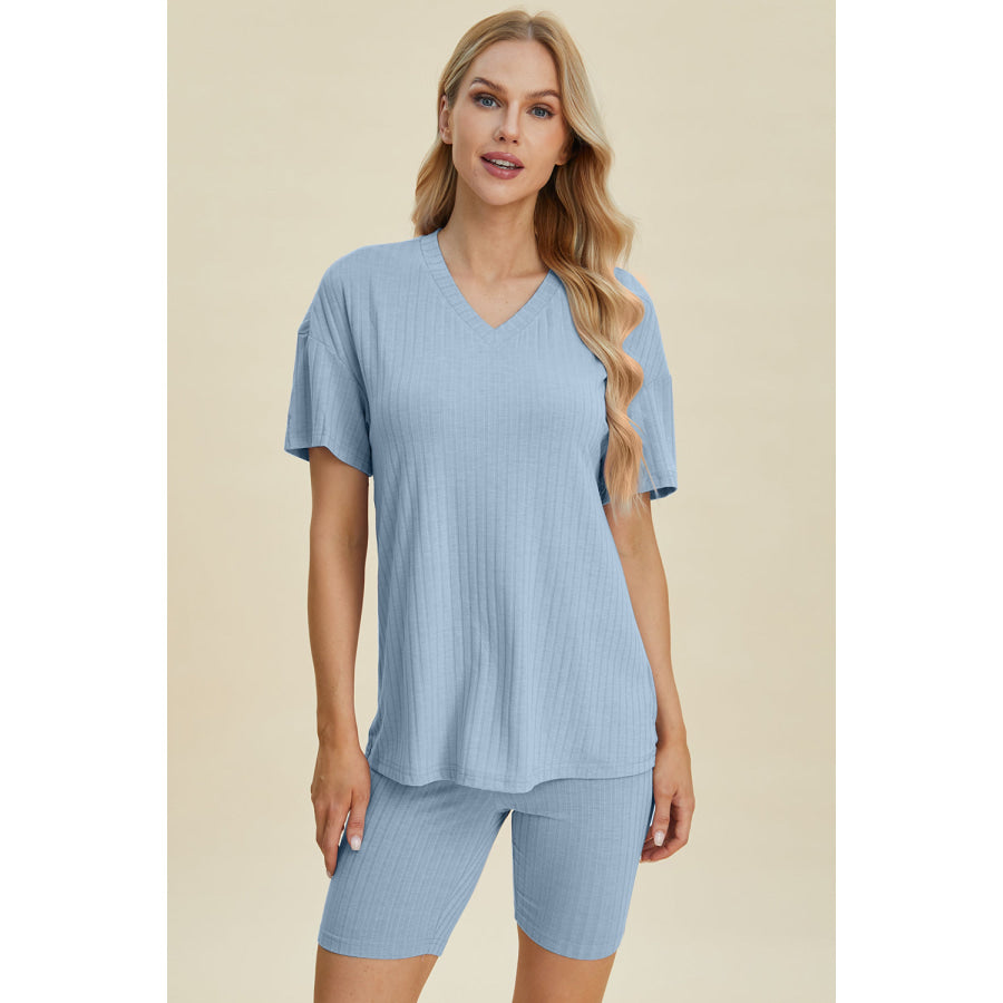 Basic Bae Full Size Ribbed V-Neck Short Sleeve Top and Shorts Set Light Blue / S Apparel and Accessories