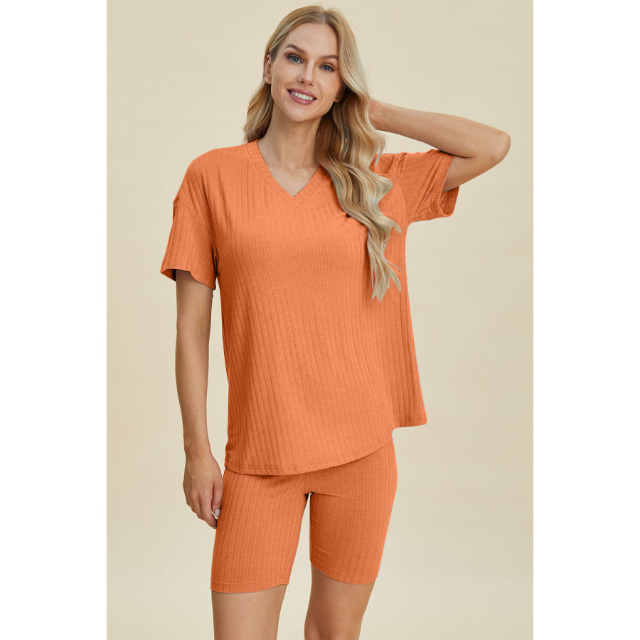 Basic Bae Full Size Ribbed V-Neck Short Sleeve Top and Shorts Set Tangerine / S Apparel and Accessories