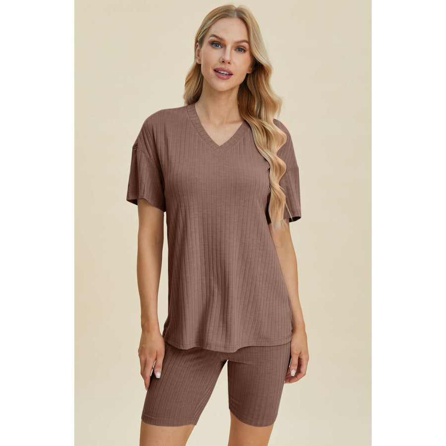 Basic Bae Full Size Ribbed V-Neck Short Sleeve Top and Shorts Set Taupe / 3XL Apparel and Accessories