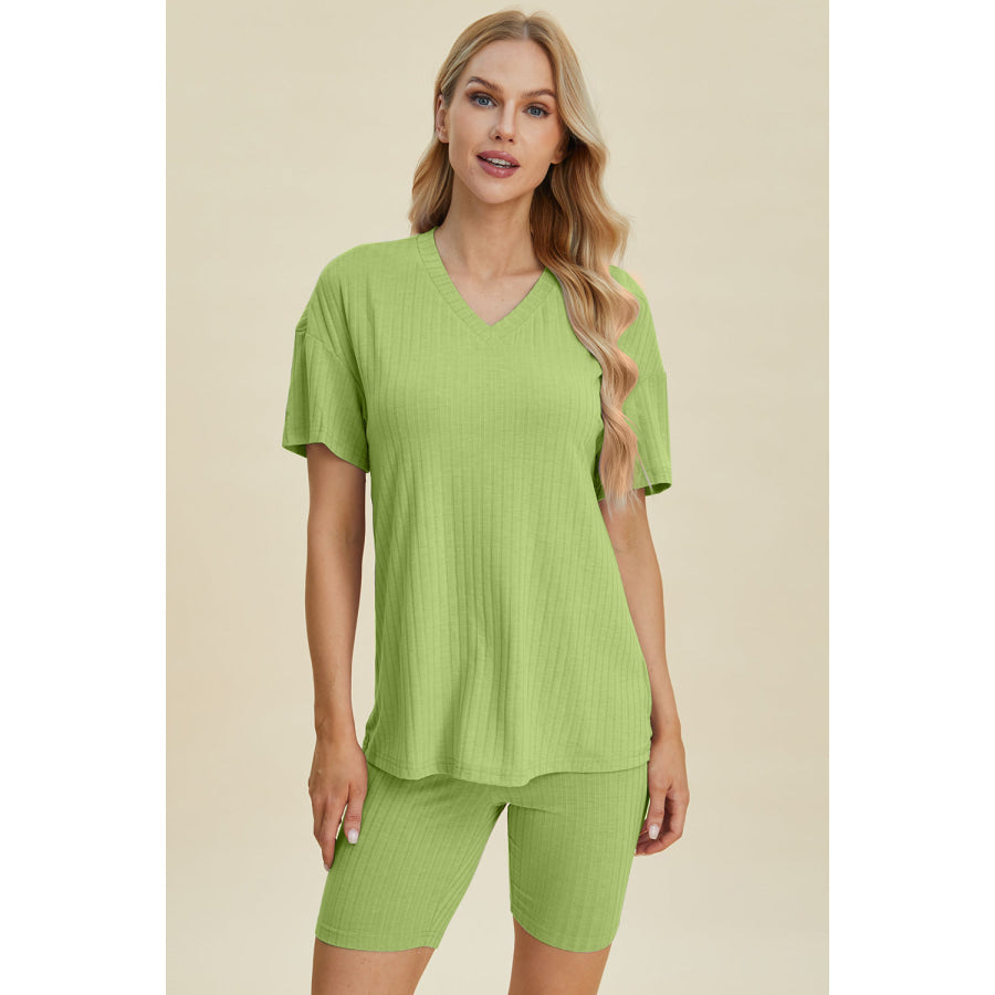 Basic Bae Full Size Ribbed V-Neck Short Sleeve Top and Shorts Set Yellow-Green / S Apparel and Accessories