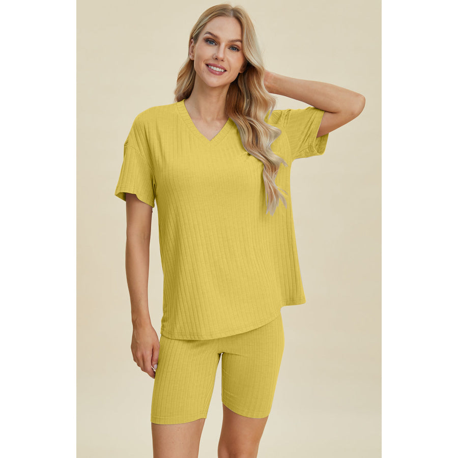 Basic Bae Full Size Ribbed V-Neck Short Sleeve Top and Shorts Set Yellow / S Apparel and Accessories