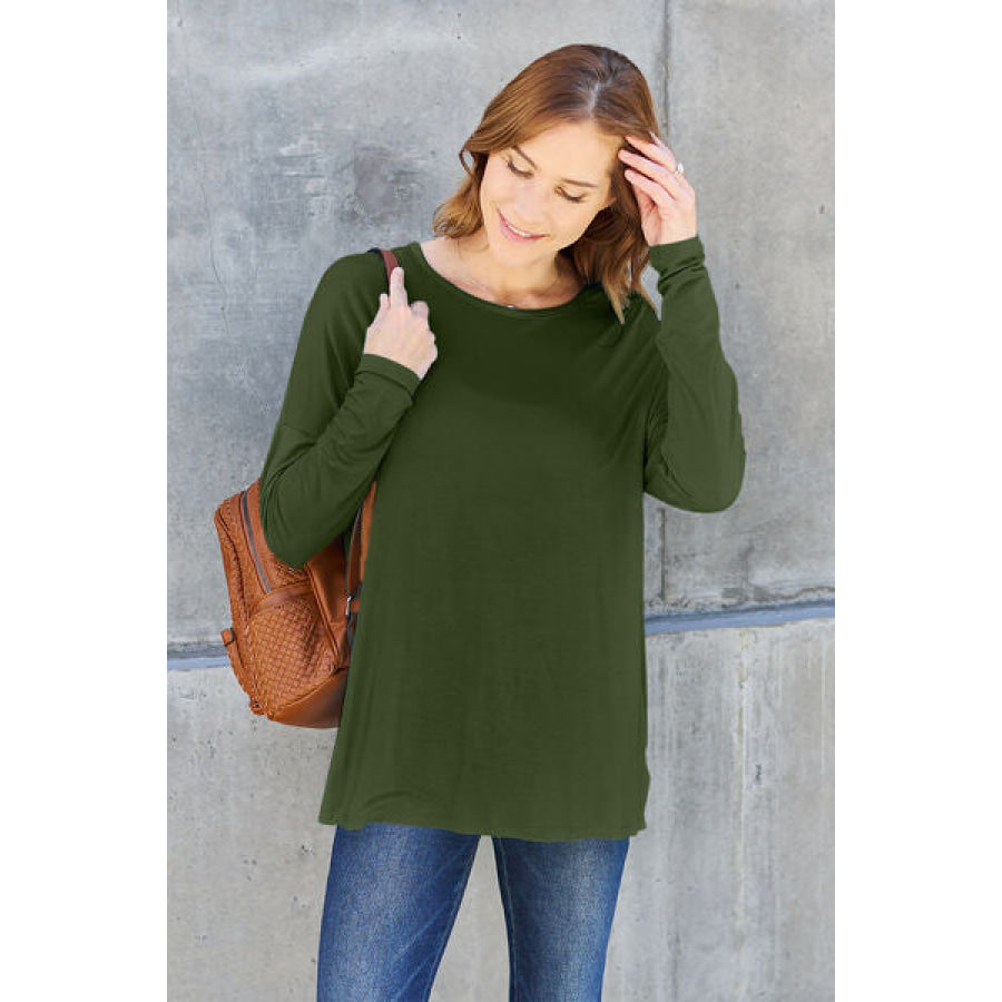 Basic Bae Full Size Round Neck Dropped Shoulder T-Shirt Army Green / S Clothing