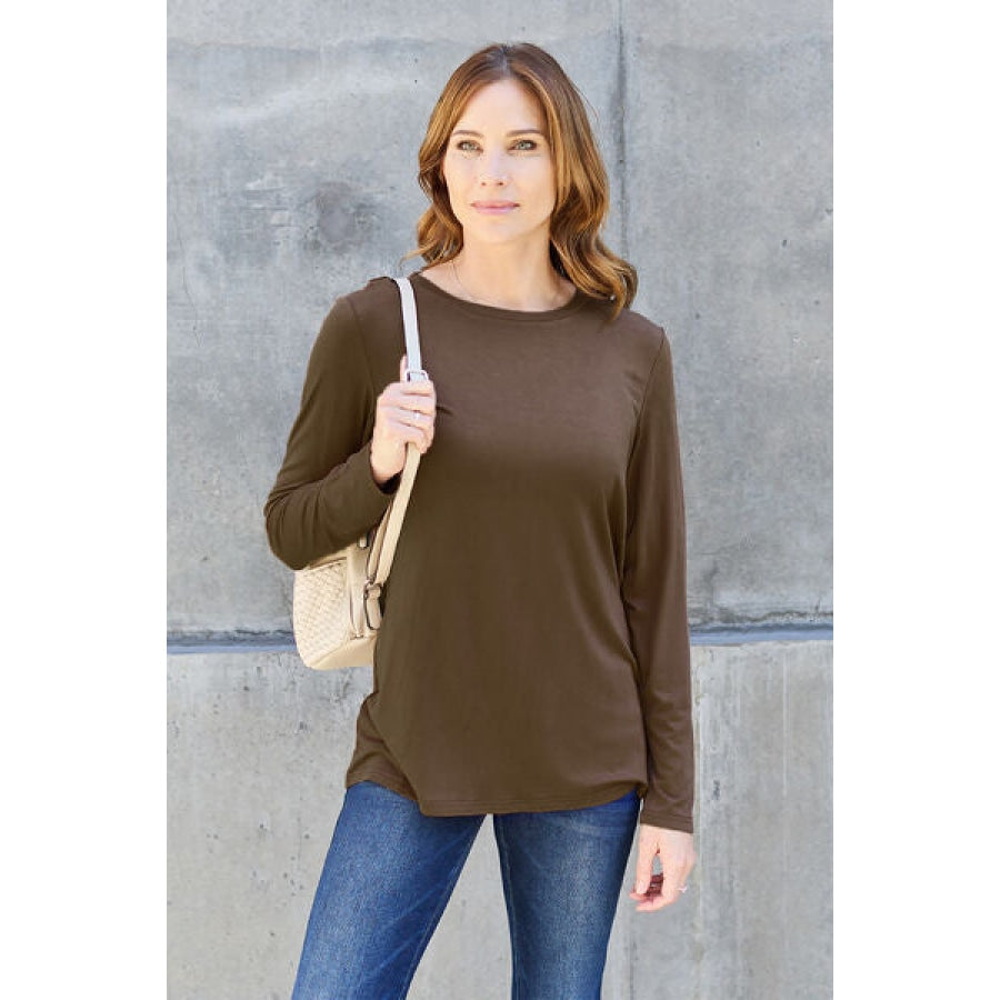Basic Bae Full Size Round Neck Long Sleeve Top Coffee Brown / S Clothing