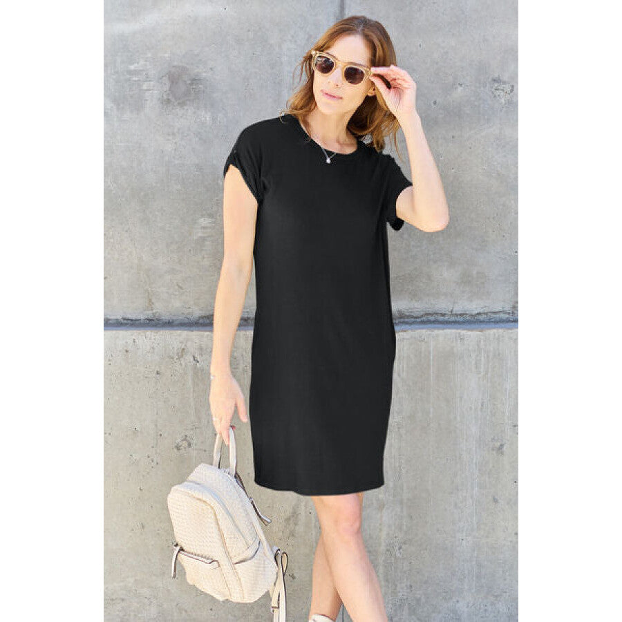 Basic Bae Full Size Round Neck Short Sleeve Dress with Pockets Black / S Apparel and Accessories