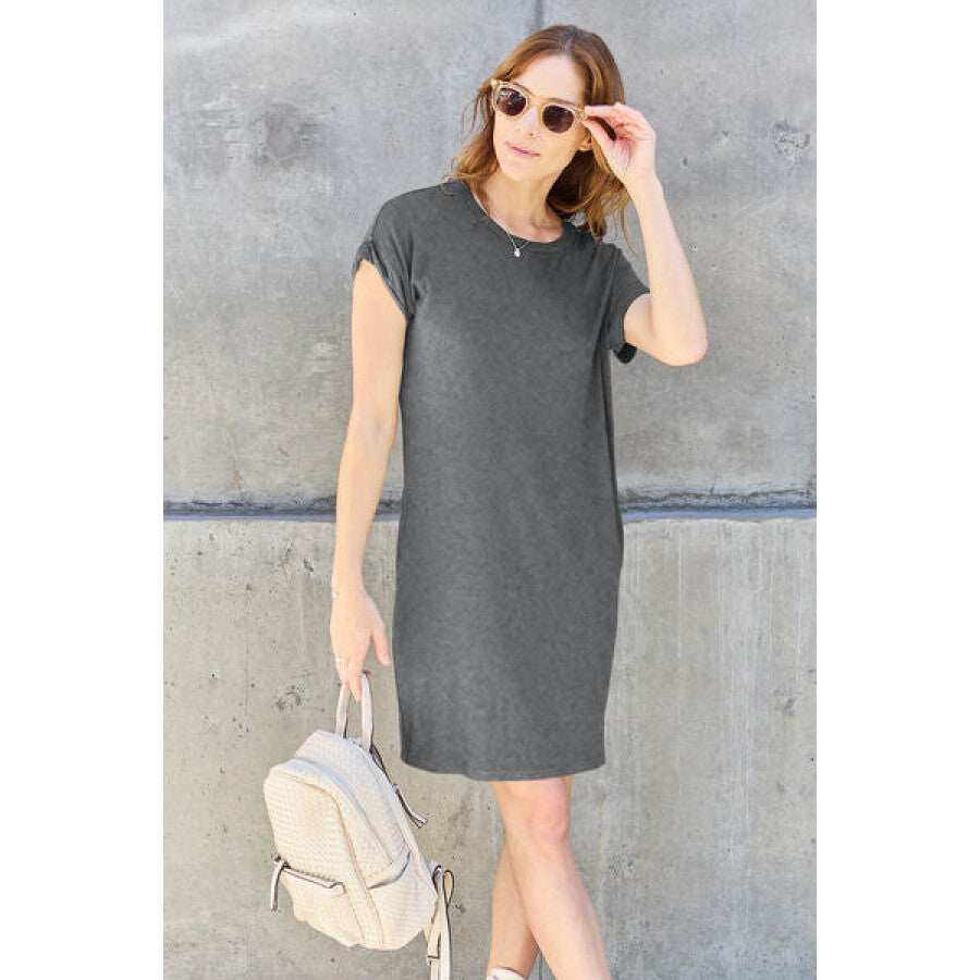 Basic Bae Full Size Round Neck Short Sleeve Dress with Pockets Heather Gray / S Apparel and Accessories