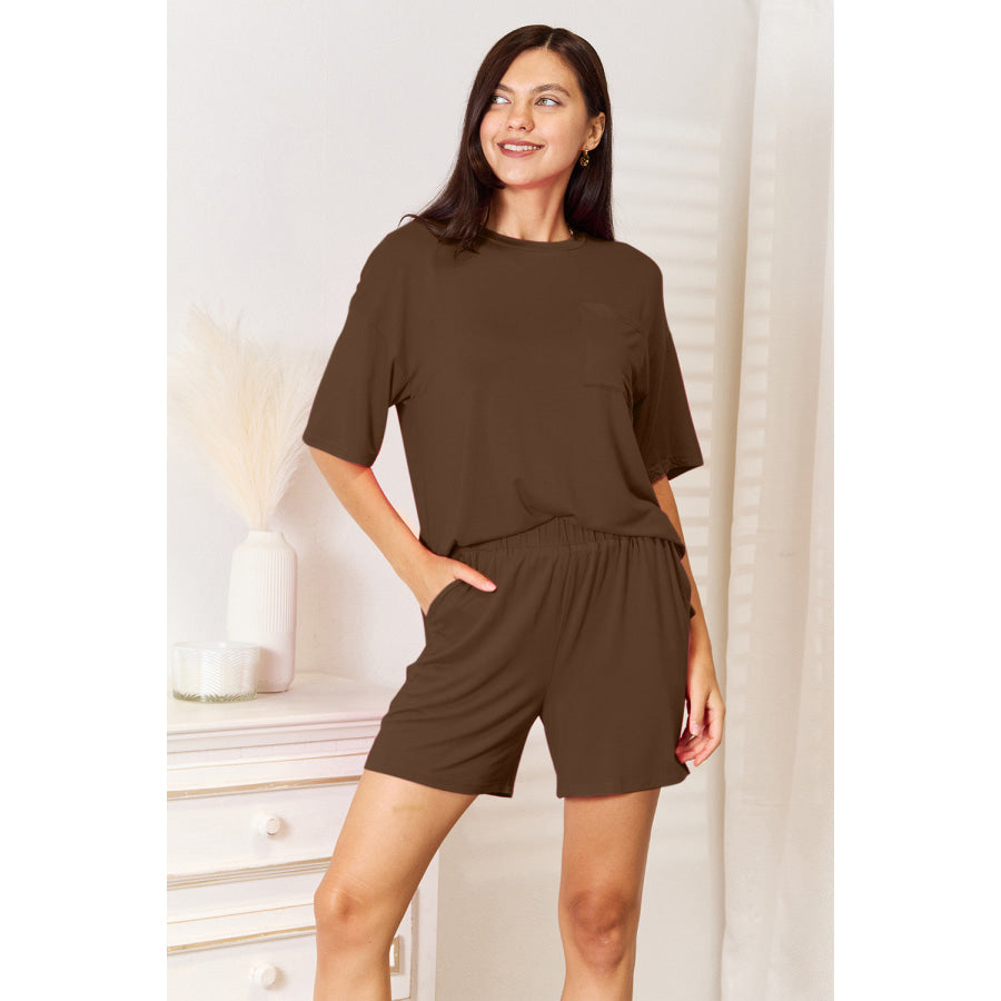 Basic Bae Full Size Soft Rayon Half Sleeve Top and Shorts Set Chocolate / S Apparel and Accessories