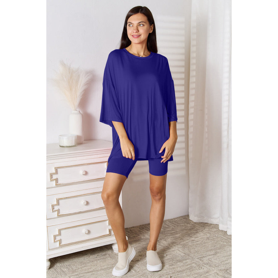 Basic Bae Full Size Soft Rayon Three-Quarter Sleeve Top and Shorts Set Blue / 3XL Apparel and Accessories