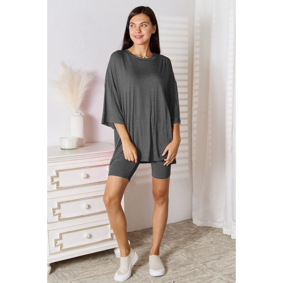 Basic Bae Full Size Soft Rayon Three-Quarter Sleeve Top and Shorts Set Dark Gray / 2XL Apparel and Accessories