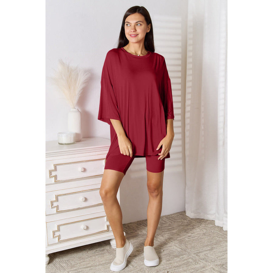 Basic Bae Full Size Soft Rayon Three-Quarter Sleeve Top and Shorts Set Deep Red / 2XL Apparel and Accessories