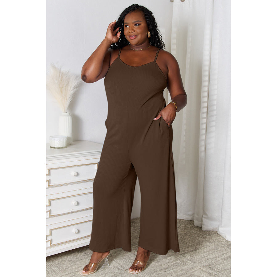 Basic Bae Full Size Spaghetti Strap V-Neck Jumpsuit Chocolate / S Apparel and Accessories