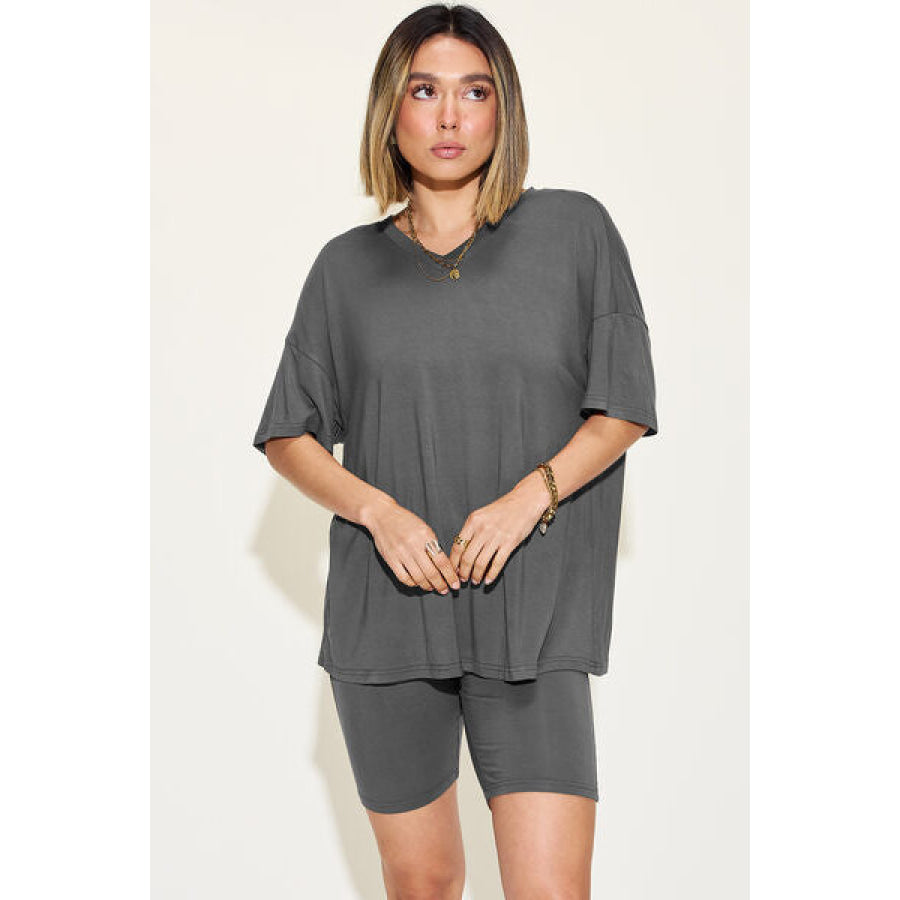Basic Bae Full Size V - Neck Drop Shoulder Short Sleeve T - Shirt and Shorts Set Charcoal / S Apparel Accessories