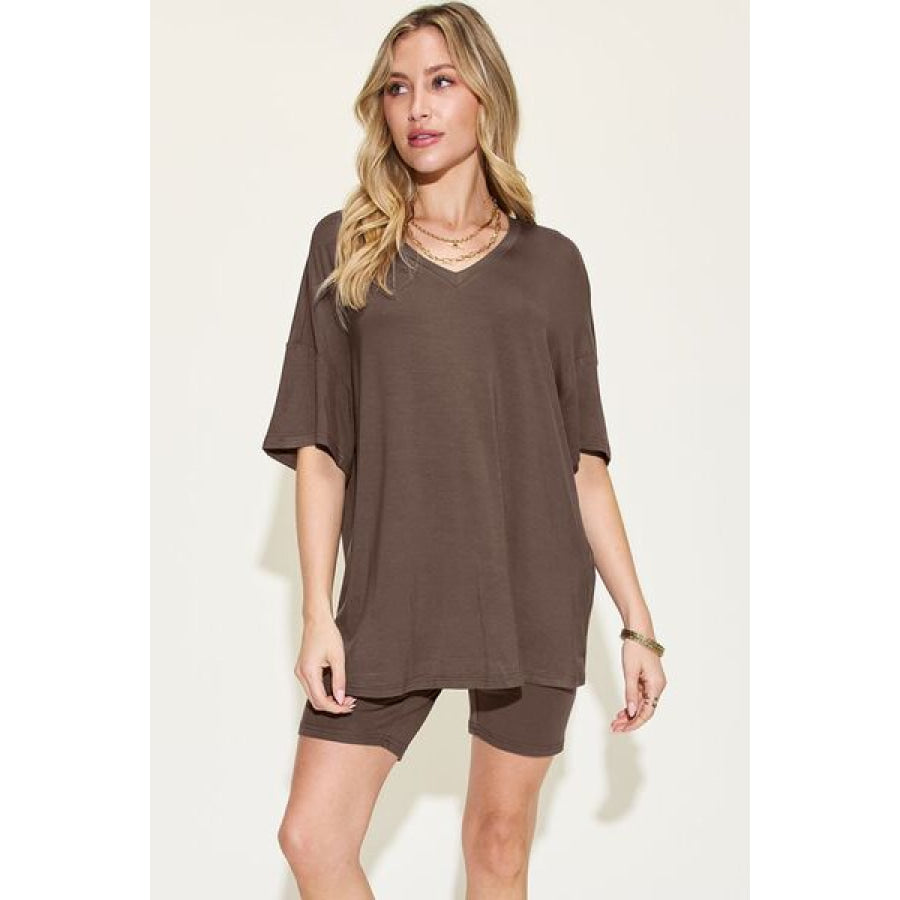 Basic Bae Full Size V - Neck Drop Shoulder Short Sleeve T - Shirt and Shorts Set Chocolate / S Apparel Accessories