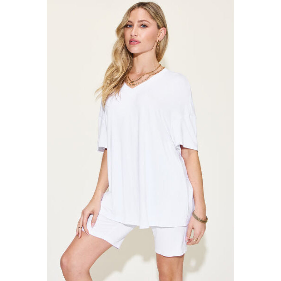 Basic Bae Full Size V - Neck Drop Shoulder Short Sleeve T - Shirt and Shorts Set White / S Apparel Accessories