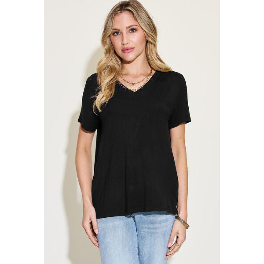 Basic Bae Full Size V - Neck High - Low T - Shirt Black / S Apparel and Accessories
