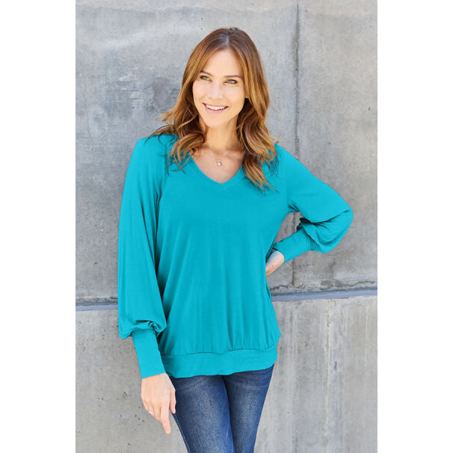 Basic Bae Full Size V-Neck Lantern Sleeve Blouse Sky Blue / S Clothing