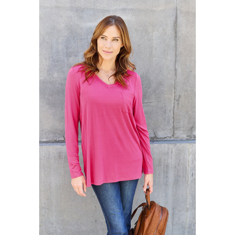 Basic Bae Full Size V-Neck Long Sleeve Top Hot Pink / S Apparel and Accessories