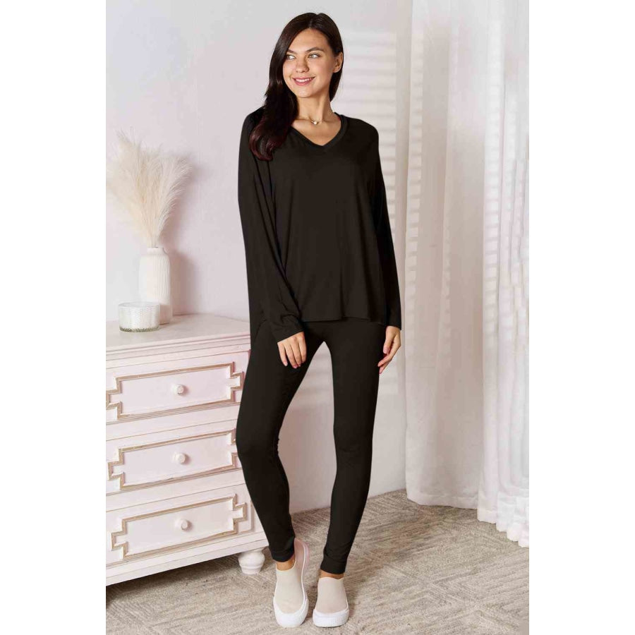 Basic Bae Full Size V-Neck Soft Rayon Long Sleeve Top and Pants Lounge Set Black / S