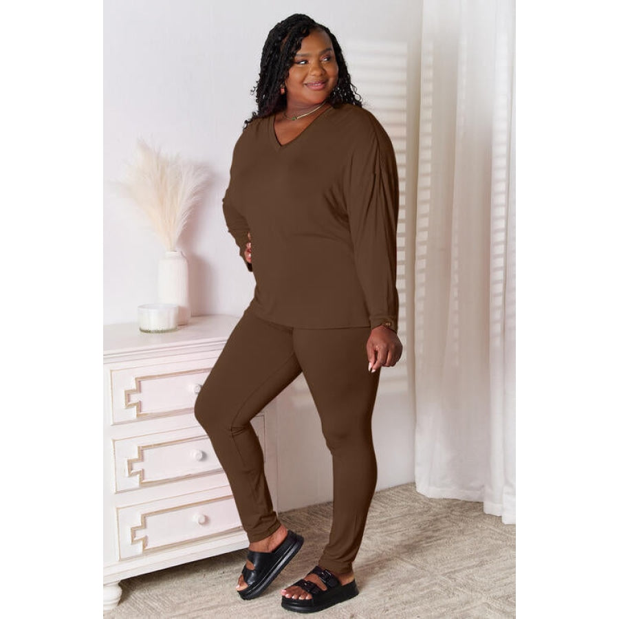 Basic Bae Full Size V-Neck Soft Rayon Long Sleeve Top and Pants Lounge Set Chocolate / S