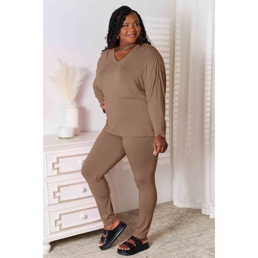 Basic Bae Full Size V-Neck Soft Rayon Long Sleeve Top and Pants Lounge Set Taupe / S